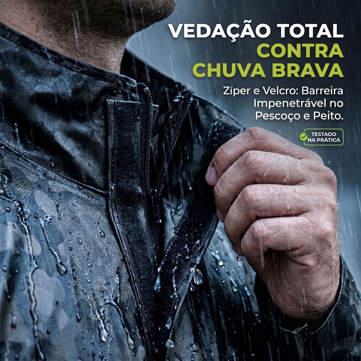 Mão fechando o velcro da capa camuflada debaixo de chuva