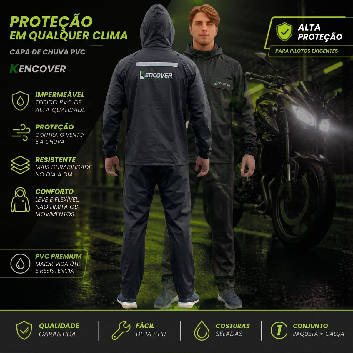 Capa de chuva Kencover com capuz ao lado de uma moto, à noite